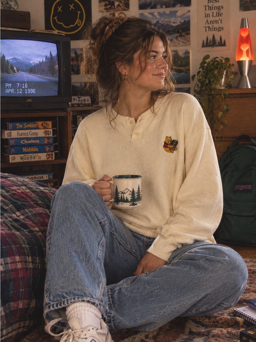 Disney Vintage Winnie the Pooh Henley Sweatshirt XXL Butter Yellow